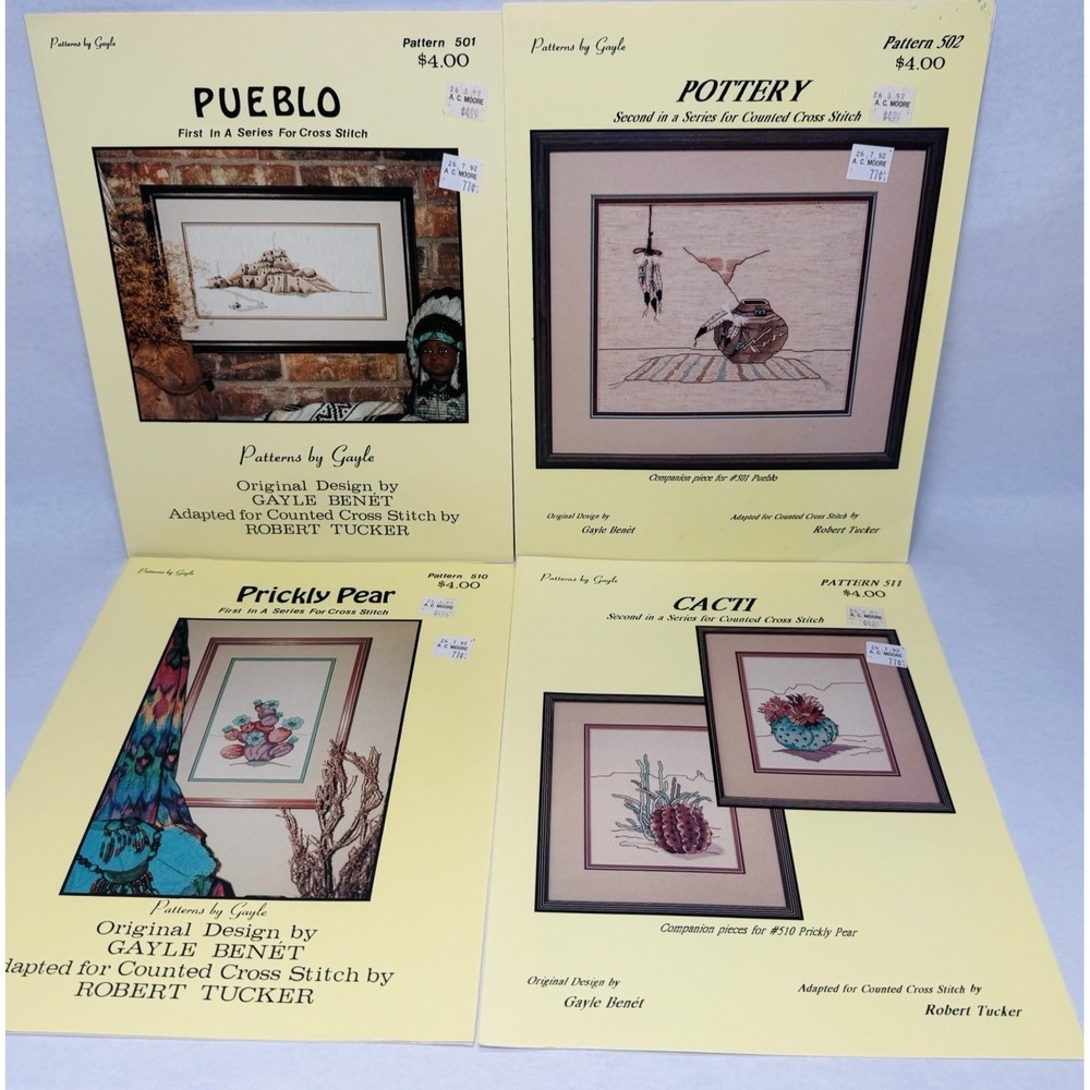 Patterns by Gayle Cross Stich Pattern Southwest Lot of 4 Pueblo Pottery Cacti
